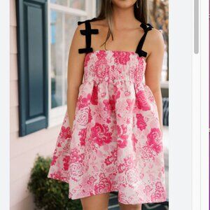 Jaquard Velvet Bow Dress- Pink Floral